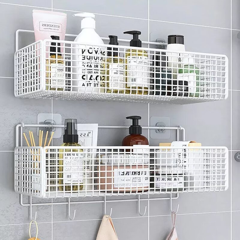 【现发】卫生间置物架免打孔浴室壁挂洗漱淋浴房墙上收纳厕所用品 黑超大号1个排勾1个无痕贴