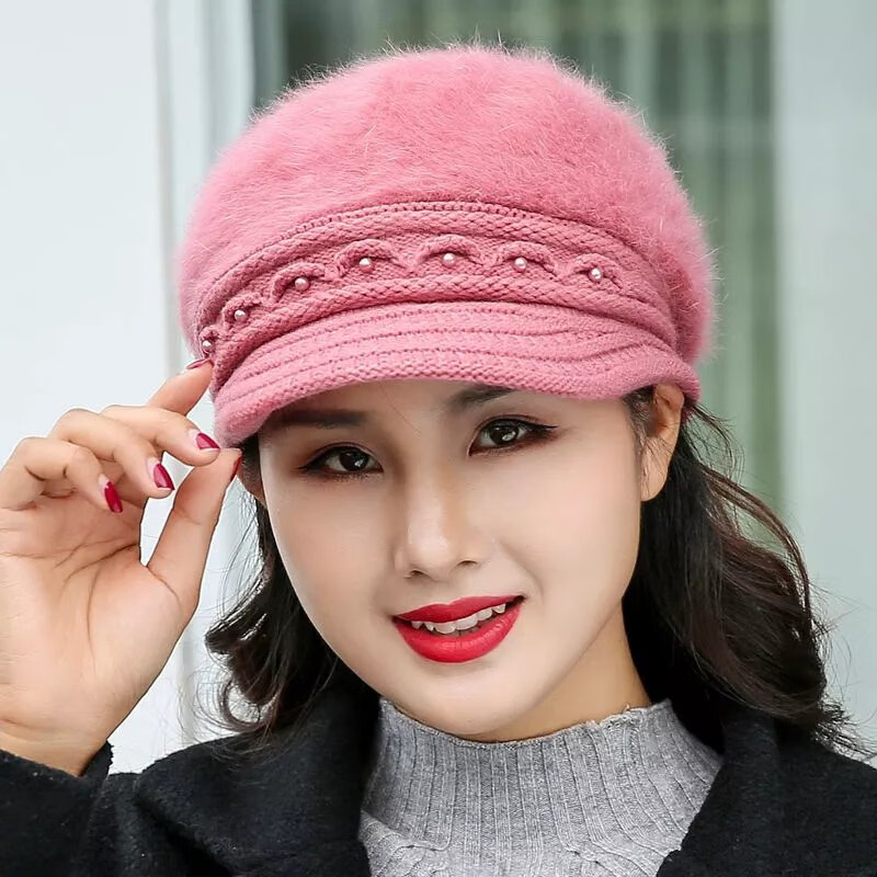 欧曼玫【现发】帽子女冬天加绒保暖护耳鸭舌针织帽贝雷帽兔毛帽加厚毛线 豆沙色