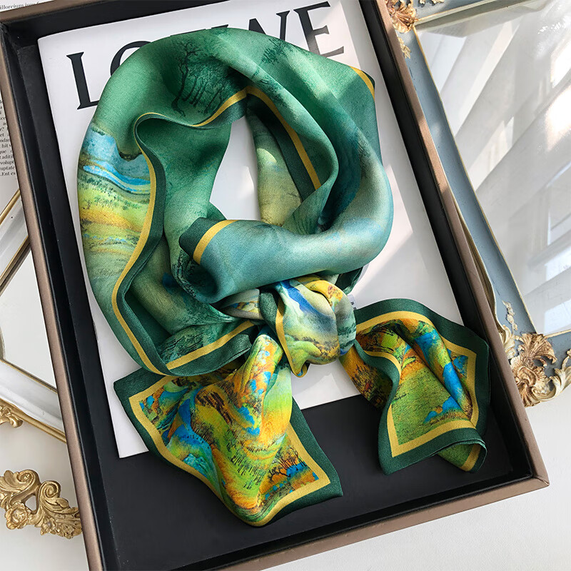 apatia千里江山之绿杭州丝绸缎面丝巾女双层双面真丝围巾细窄长领巾