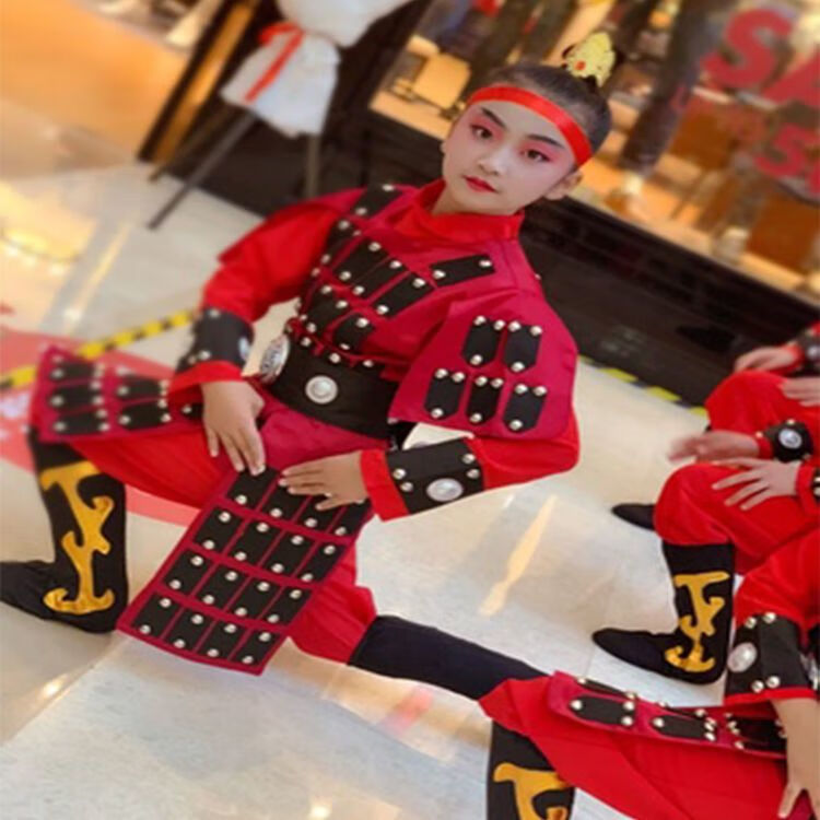 盔甲成人古代士兵秦唐汉服表演服 红盔甲服加金花鞋套金属头饰头巾