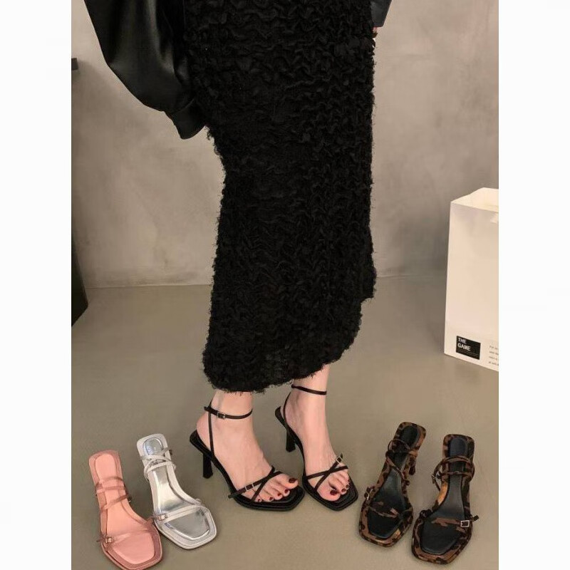 金盈姿法式感气质细跟凉鞋女鞋子2025新款夏季交叉细带方头高跟鞋女 黑色(升级版) 36