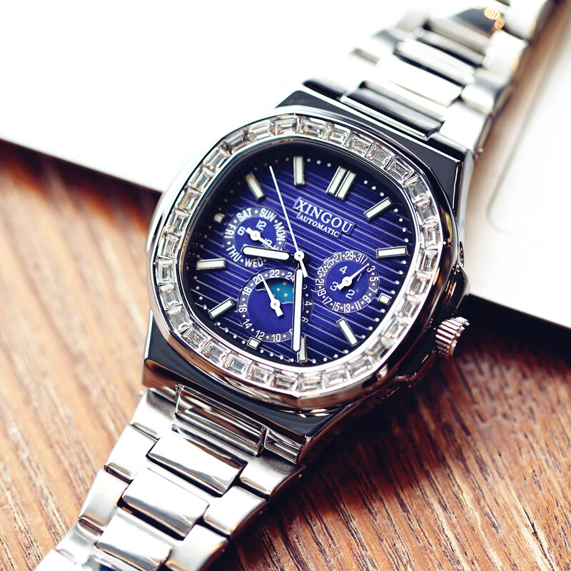 木阔鹦鹉螺多功能全自动机械表防水夜光钢带腕表时尚潮流商务复古礼物 银壳蓝面多功能款