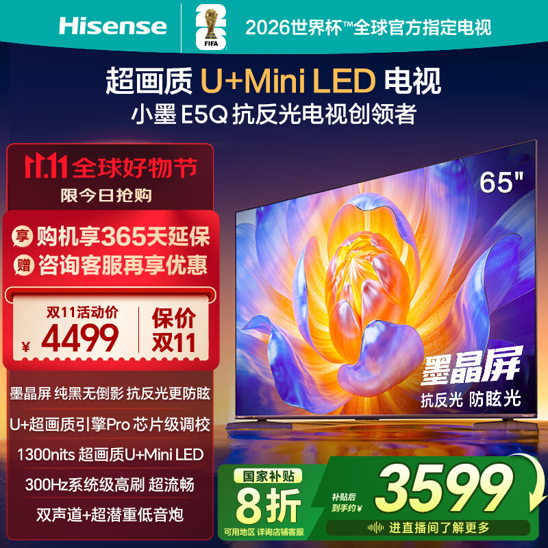 海信电视E5Q 65英寸 抗反光防眩光墨晶屏 U+Mini LED  300Hz高刷 U+超画质引擎Pro 国家补贴 65E5Q