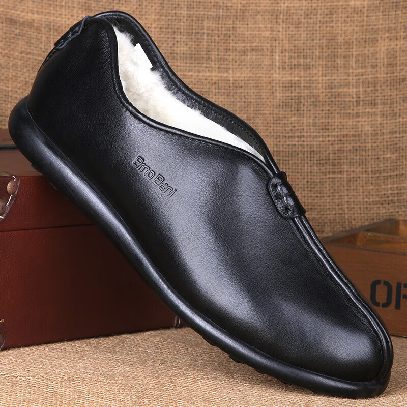 ldck休闲皮鞋男老北京棉鞋男皮毛一体爸爸冬鞋加绒加厚老人鞋羊毛