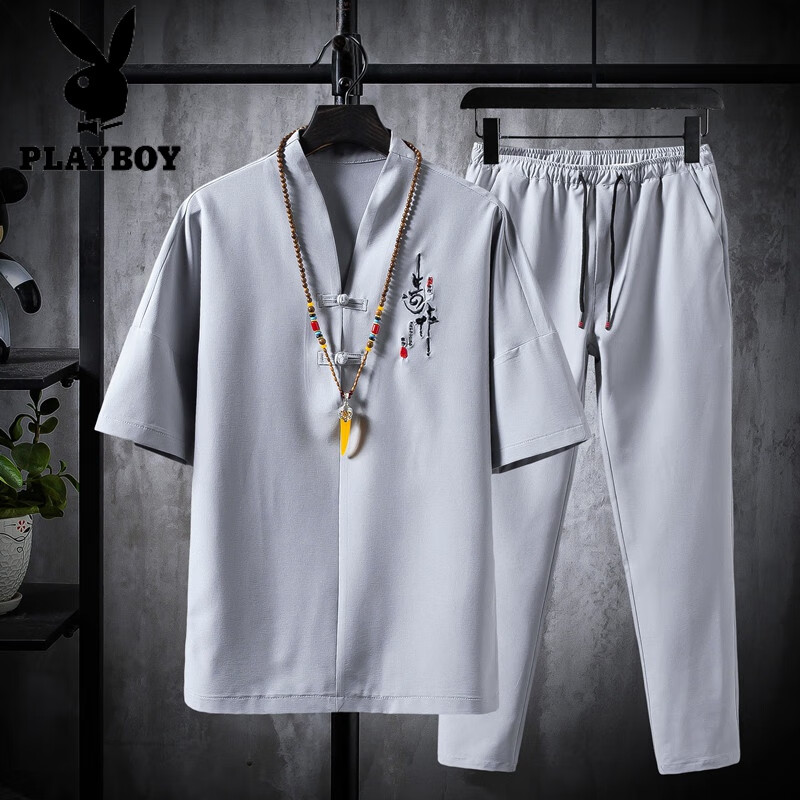 花花公子（PLAYBOY）亞麻套裝男款冰絲短袖t恤中式男裝中國(guó)風(fēng)唐裝年輕棉麻爸爸裝 TZ025灰色 2XL 適合135至150斤