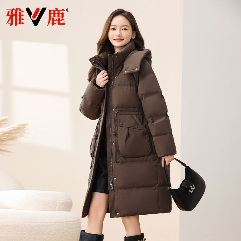 雅鹿2025冬季新款羽绒服女中长款可脱卸帽加厚简约收腰锁温休闲款外套 咖啡 L 推荐125-140斤