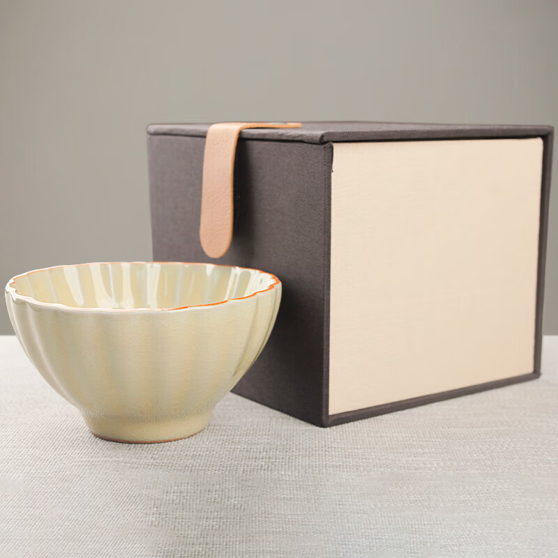 易信花瓣大号茶杯主人杯汝窑开片喝茶杯陶瓷杯单杯锦盒包装茶具配件 汝窑菊花杯-米黄 京东折扣/优惠券