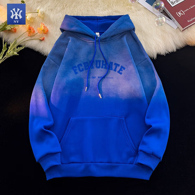 扎染渐变卫衣男美式设计感复古连帽oversize外套秋冬加绒加厚 蓝色加