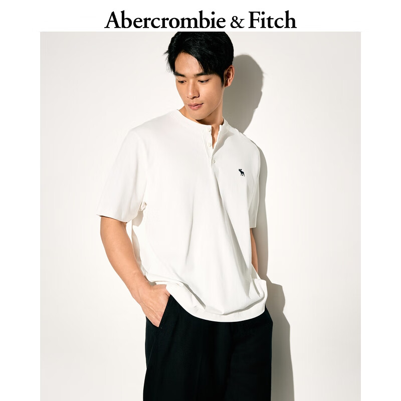Abercrombie &amp; Fitch经典小麋鹿图案男装25夏季美式重磅宽松亨利领短袖T恤 白色 XL (180/116A)尺码偏大