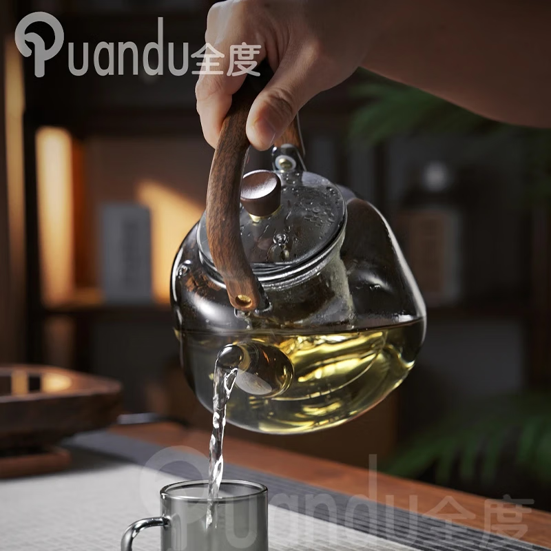 全度耐热玻璃蒸煮一体提梁茶壶2025新款电陶炉煮茶器围炉煮茶壶大容量 木纹把壶灰+鼓韵陶炉黑