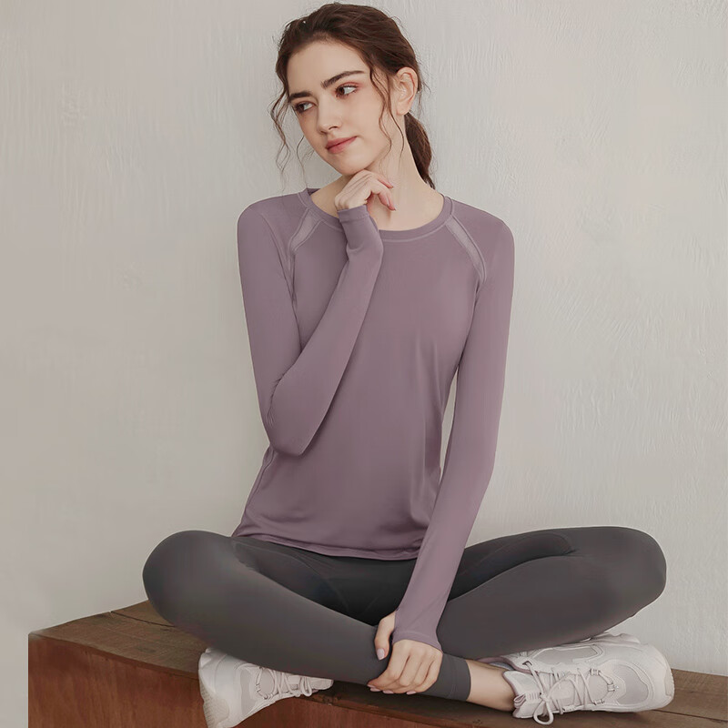 透气速干衣女2024瑜伽服长袖t恤大码运动上衣跑步专业健身服 藕荷色 s