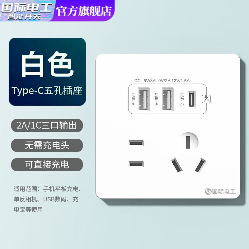 国际电工双USB插座面板20W快充墙壁无需充电头Type-c家用五孔插座快充面板 五孔2.1A双USB+type-c【5w】