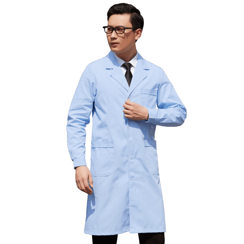 定制蓝色医生服白大褂工作服长袖松紧袖实验服男口腔药店护士服蓝大褂