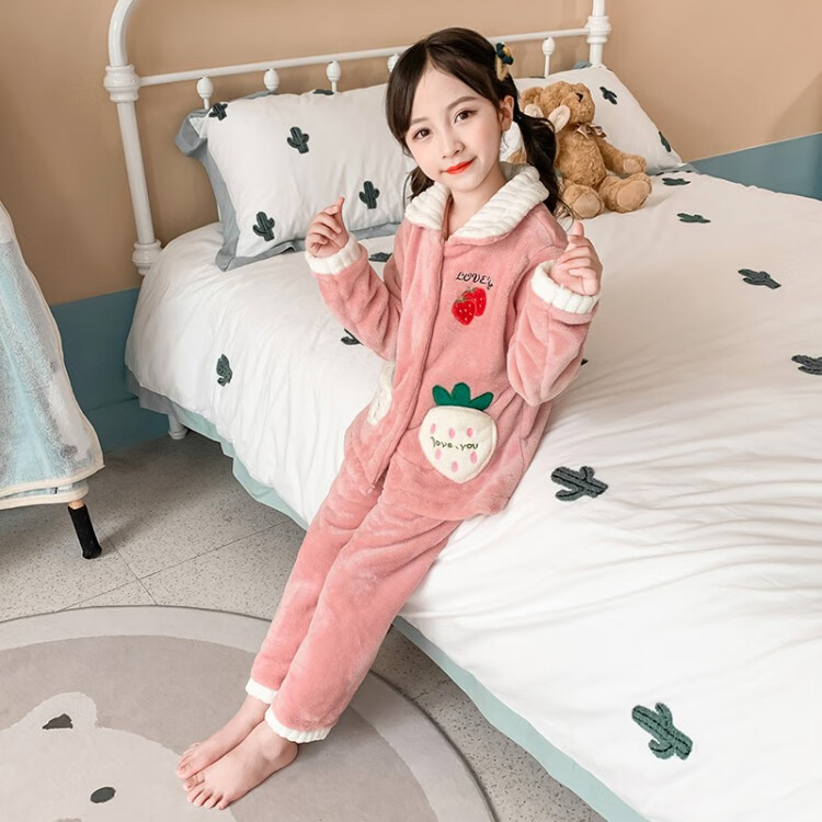 加绒加厚12-15岁大童套装儿童法兰绒睡衣女童春 粉红色法兰绒草莓睡衣