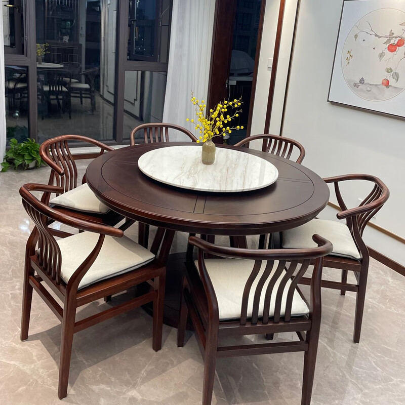 诗亭居乌金木餐桌椅歺桌椅歺桌现代新中式乌金木实木餐厅一桌六椅圆形