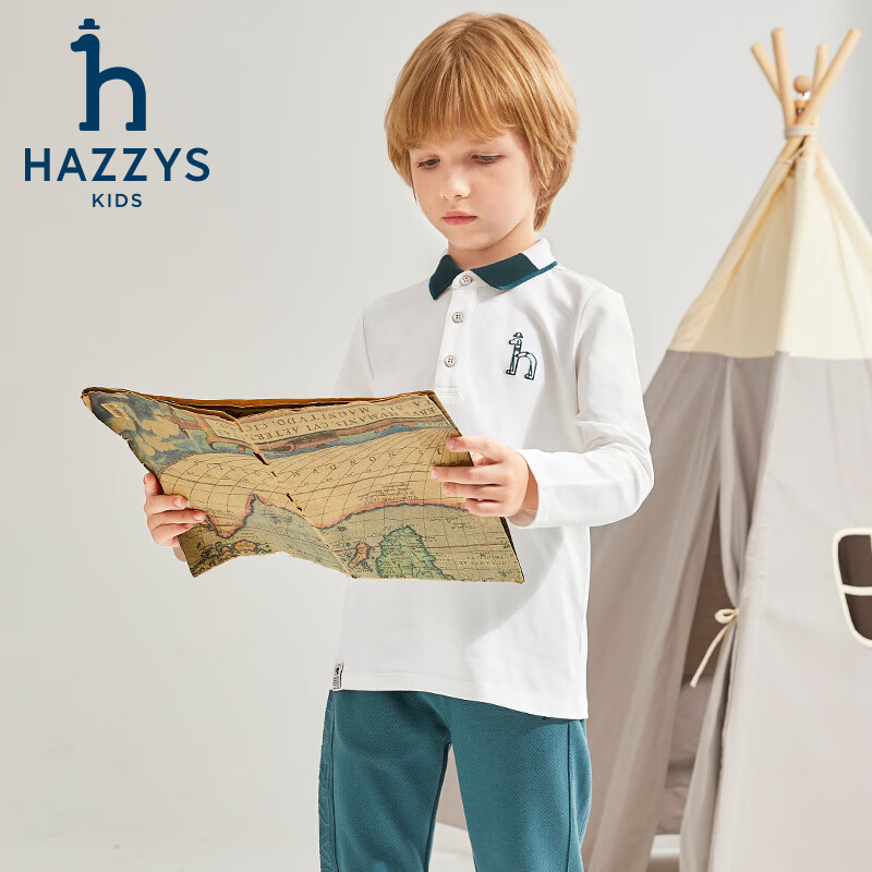 哈吉斯(HAZZYS)品牌童装男童POLO衫秋季新款弹力舒适休闲气质翻领简约长袖POLO衫 本白 165