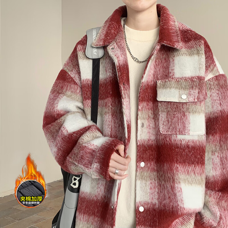 举风酒红色小香风格子外套男秋冬日系撞色宽松大码夹克潮牌休闲上衣服 加厚 【升级款加棉加厚】酒红格 XL