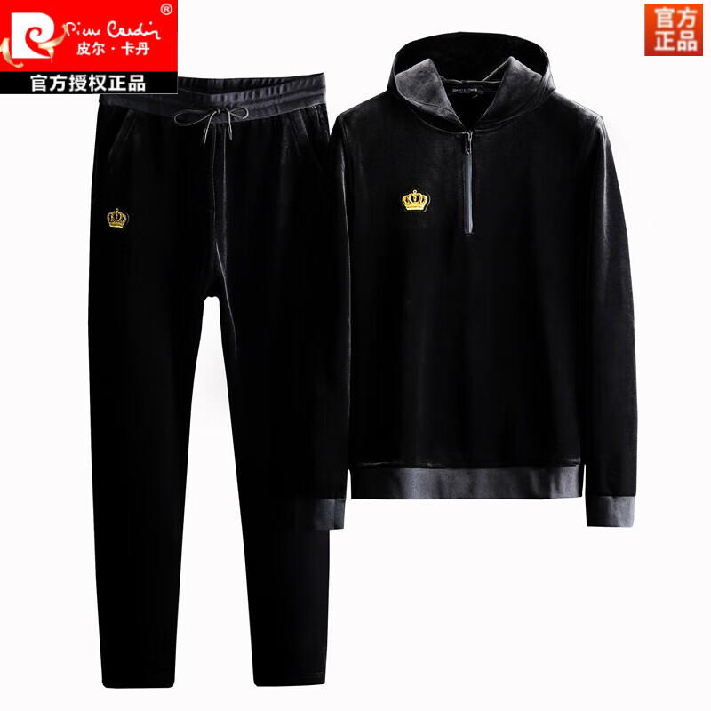 皮尔卡丹（pierre cardin）高端冬季新款金丝绒休闲运动套装男刺绣连帽卫衣加绒加厚两件套 黑色套装 加绒 4XL