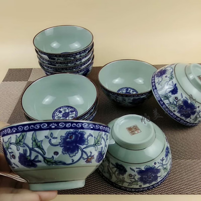 真武瓷器 青瓷碗   牡丹青花瓷 广西南山瓷厂 4.5英寸饭碗 (5只装)