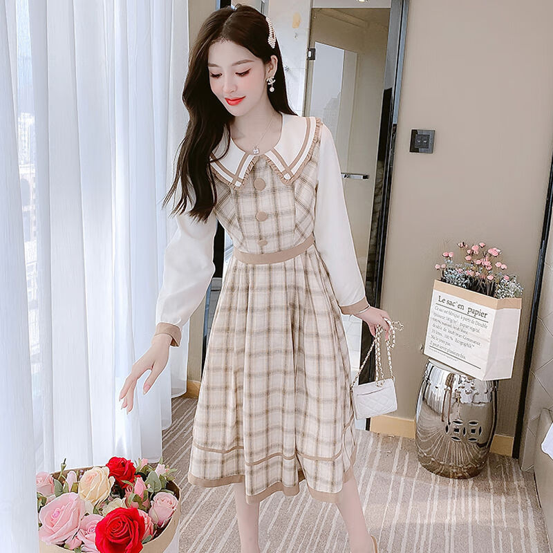 十三行高端女装连衣裙春季2024新款赫本风格子春秋法式仙女裙 图片色