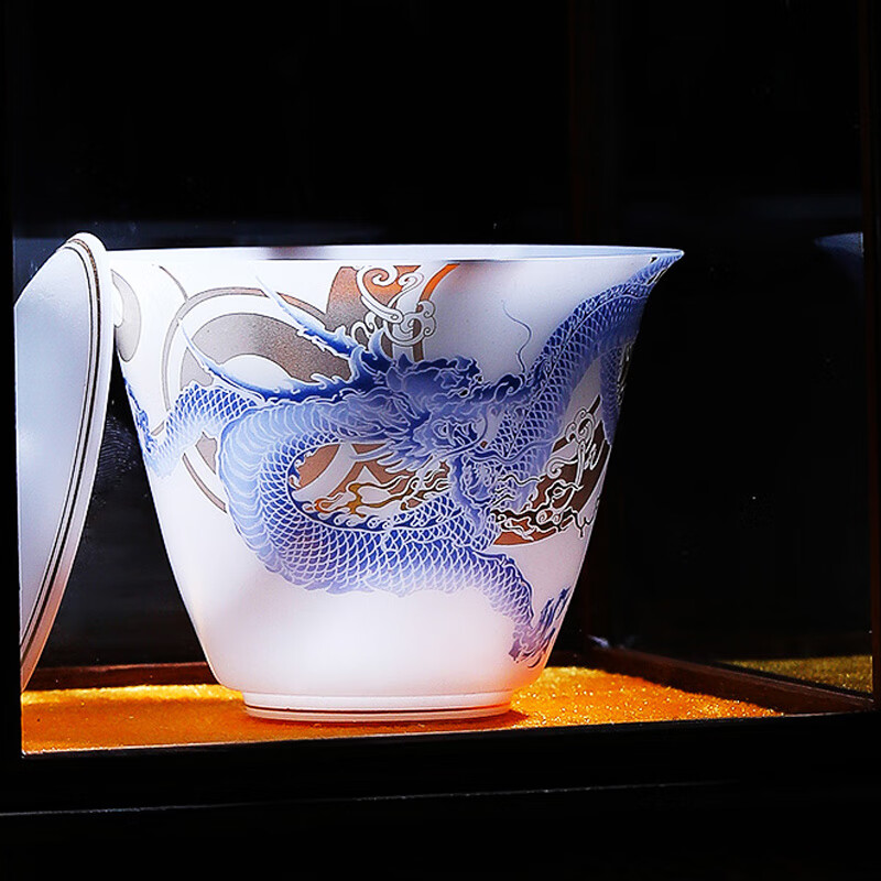 京峰阁 功夫茶具套装 景德镇冰种玉瓷盖碗龙行天下套组高端轻奢家用送礼 龙行天下套组 7人饮 19件