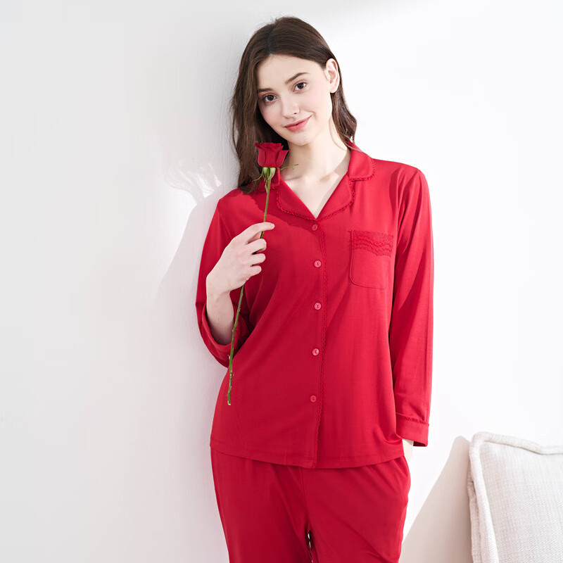 绮瑞家居服女春夏长袖薄款莫代尔开衫翻领本命年红色睡衣套装宽松 红色 XL(适合120-140斤)