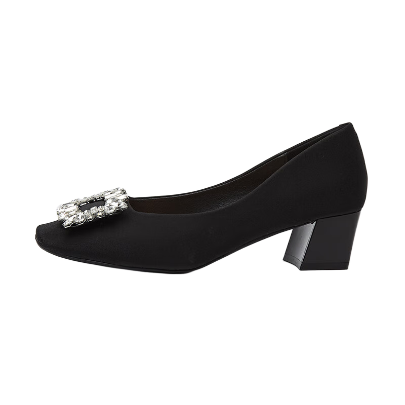 达芙妮气质粗跟单鞋女晚晚鞋2025春夏季新款皮鞋方头瓢鞋高跟鞋水钻女鞋 黑色 37