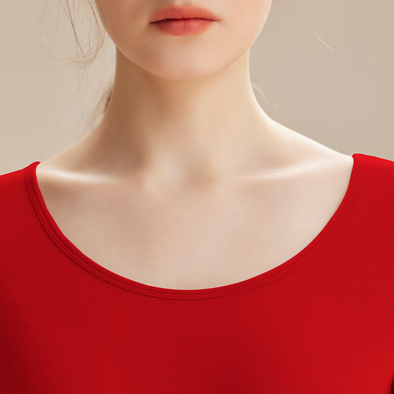 芬腾秋冬保暖内衣女棉质薄款秋衣秋裤套装少女圆领贴身美体打底衫套装 红色 XL 建议：125-145斤