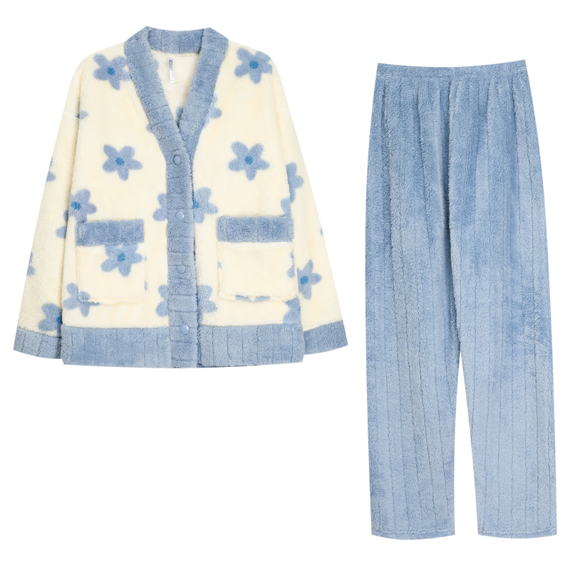 紅豆居家【秋上新】女士秋冬加絨加厚保暖甜美印花睡衣女珊瑚絨家居服