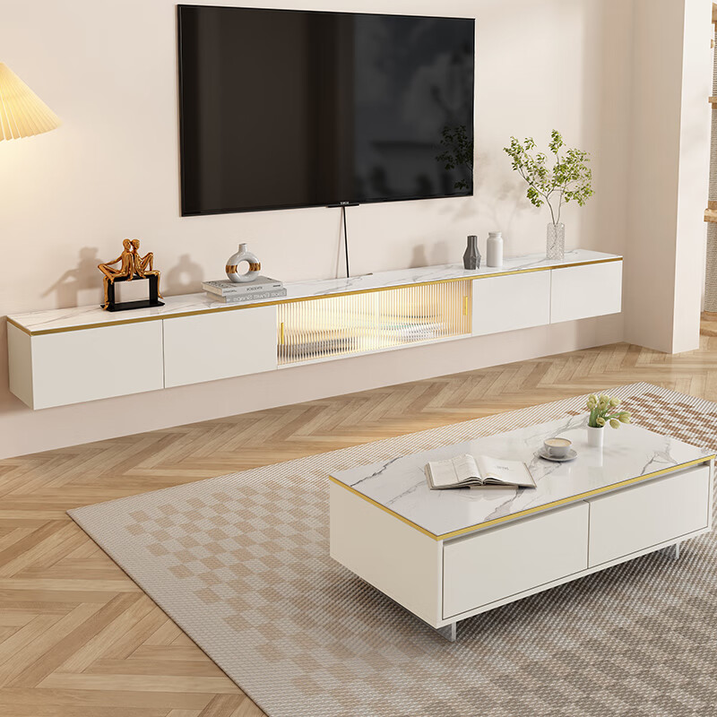 光明家具悬空电视柜茶几组合简约现代悬挂式岩板电视机柜悬浮轻奢壁挂