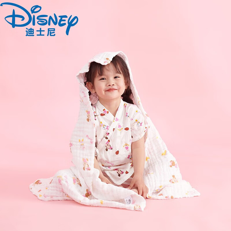 迪士尼（Disney）婴儿泡泡棉6层纱浴巾宝宝纯棉新生儿浴巾柔软吸水105*105cm粉色