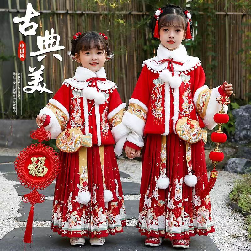九能（jiuneng）女童汉服冬款中国风古装马面裙儿童唐装加厚过年宝宝拜年服套装 红色加绒三件套送围领+包 140cm