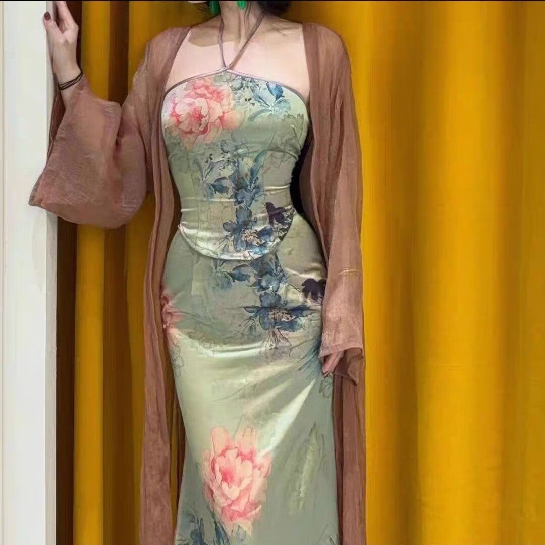 GEEZORO设计大码夏秋冬季新中式复古国风性感肚兜抹胸背心挂脖女保暖护胃 深绿拼棕 L 【建议90-120斤】