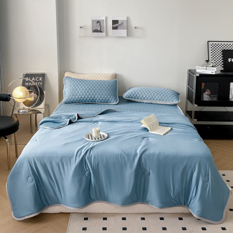 外贸轻奢风纯色凉感丝乳胶凉席夏被四件套可水洗机洗凉席床笠