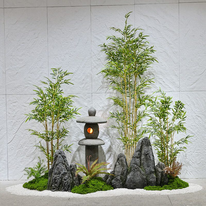 善水源新中式楼梯下造景石室内装饰摆件落地景观迎客松仿真竹子假山