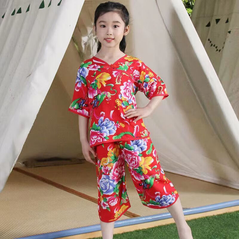 睡衣儿童棉绸睡衣夏季女薄款居服东北大花套装亲子装母女 富贵牡丹红