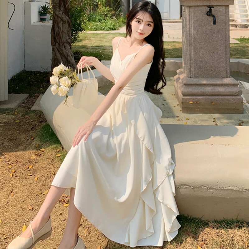 吊带裙夏季收腰显瘦 杏色吊带裙 (云南大理丽江旅游 m 建议90-101斤