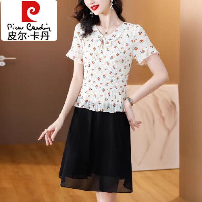皮尔卡丹rdin中年拼接短袖碎花雪纺连衣裙女夏季新款贵妇人减龄短款沙
