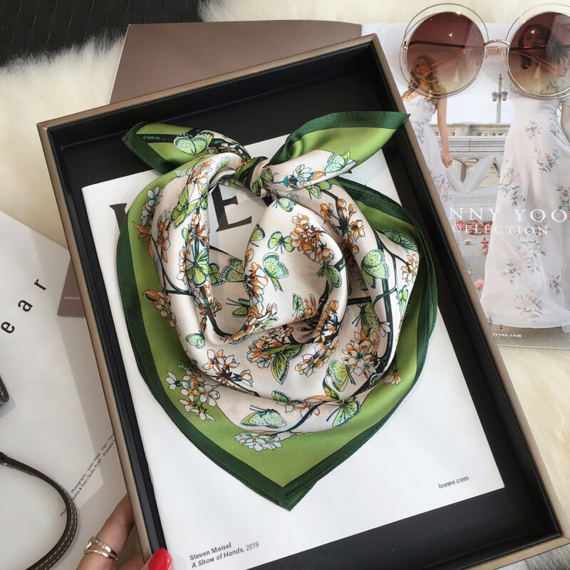 BGUG春秋季花丛蝴蝶真丝围巾装饰小领巾桑蚕丝丝巾小方巾 花丛蝴蝶【限时福利速抢】