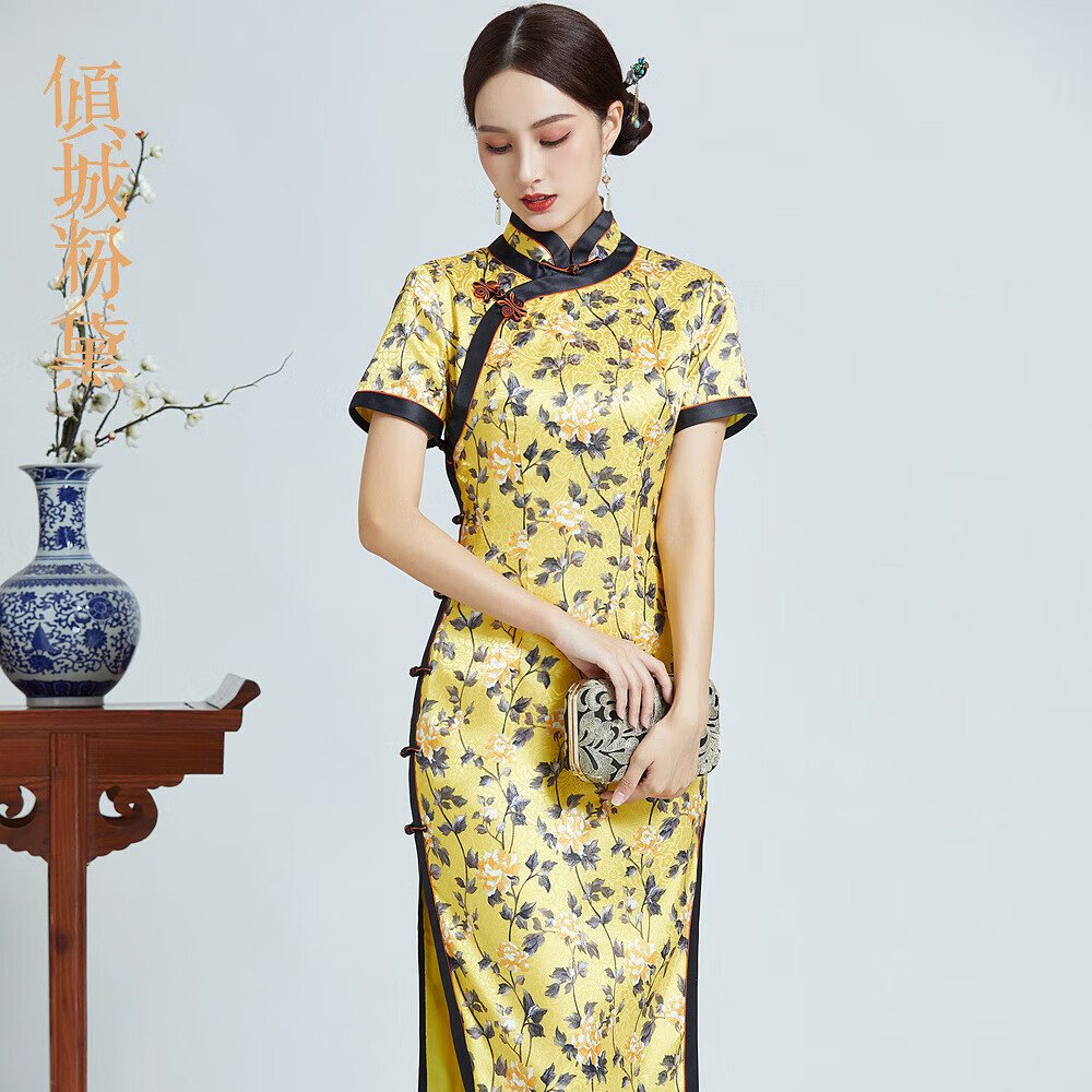 倾城粉黛真丝旗袍裙长款2025夏季改良时尚桑蚕丝手工盘扣中国风宴会