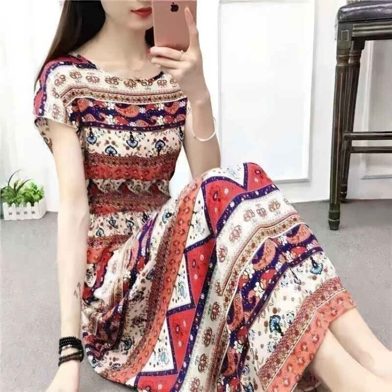 夏民族風(fēng)棉綢碎花連衣裙海邊度假人棉仙女裙大碼印花綿綢短袖長(zhǎng)裙 蝙蝠袖紅三角 M 80-95