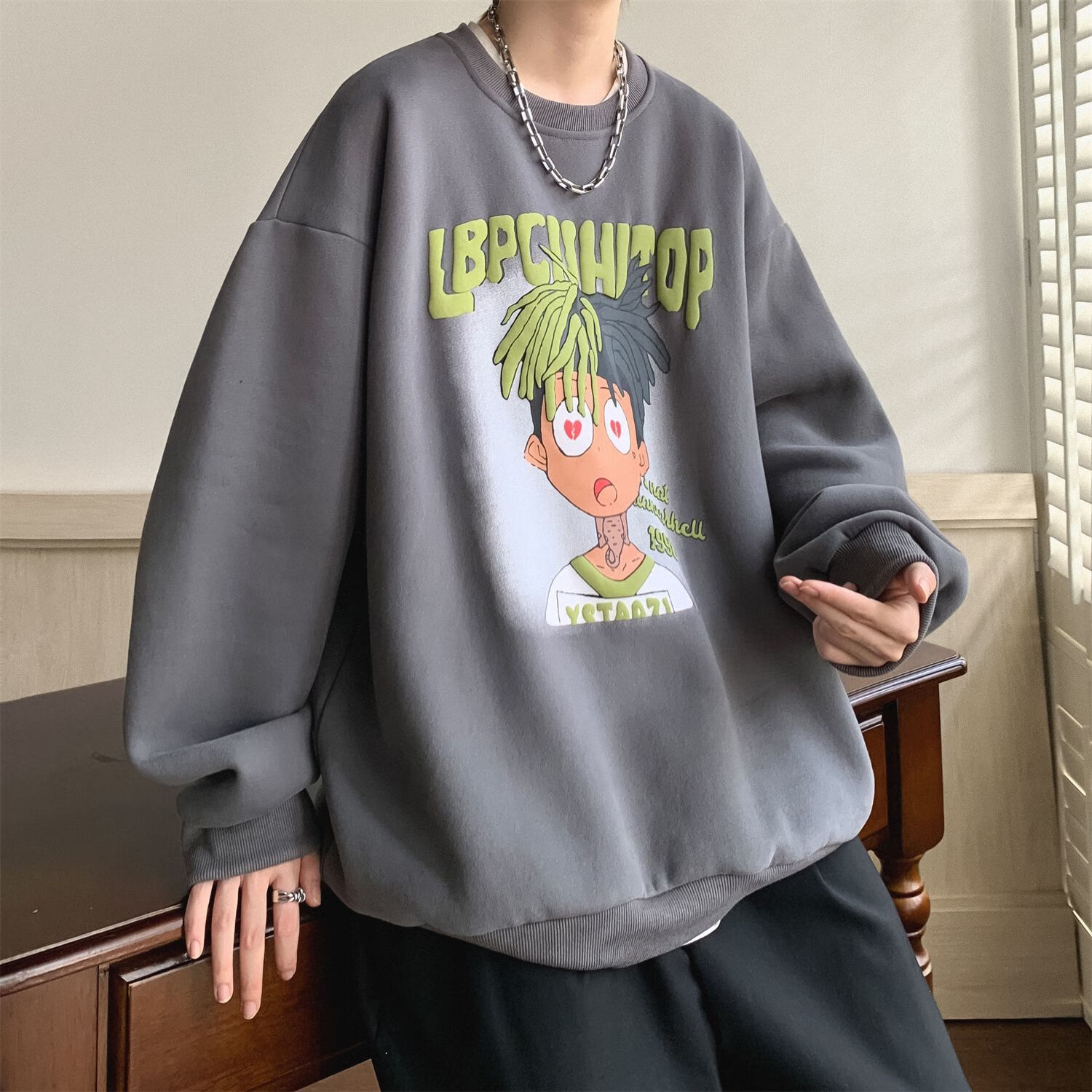 喵畅衣多穿男中年灯芯绒衬衣美式嘻哈男冬季圆领重磅400g秋冬款加绒加