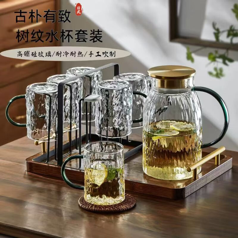 DELISOGA玻璃杯家用客厅耐热水杯泡茶杯高级感喝水杯子家庭套装待客带把手 冰川-1壶6杯+黑色架+金把托盘