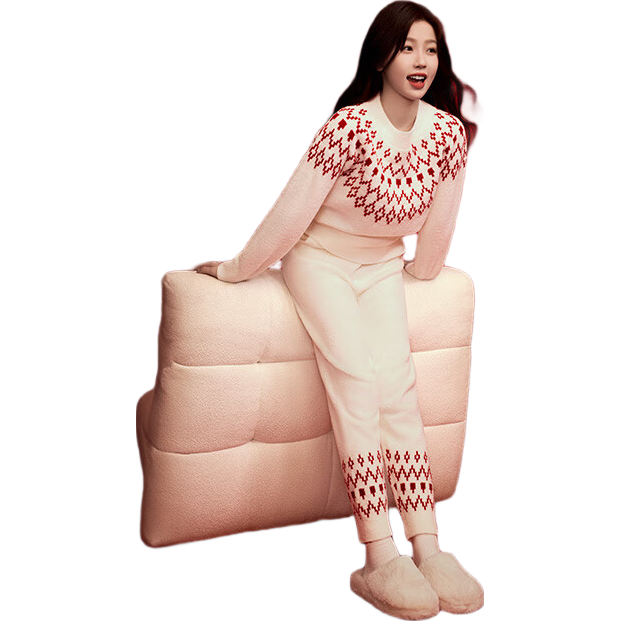 ubras虞书欣同款泡泡绒圆领家居服长袖长裤男女同款睡衣套装 米白色 M