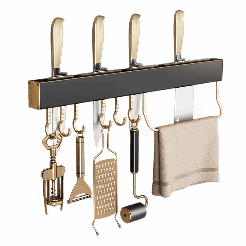 厨房置物架刀架壁挂式免打孔轻奢黑金太空铝厨房用品刀具座菜刀收纳架子 黑金简易刀架50cm-带杆(6钩免打孔两用)