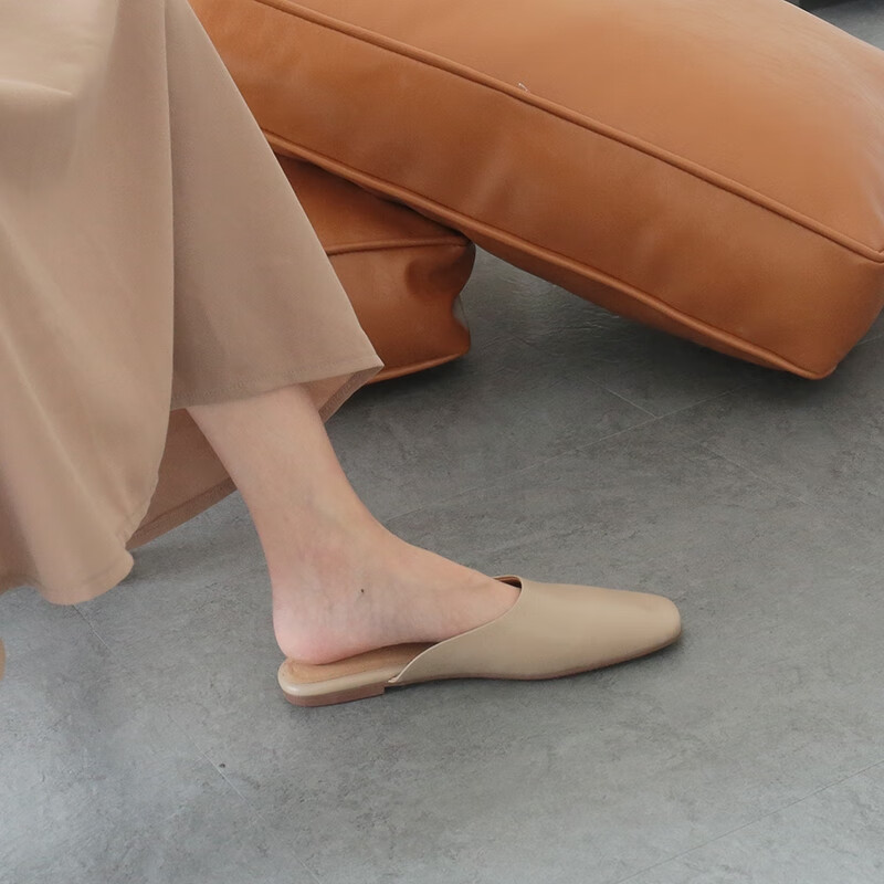 款方头包头平底软皮凉拖百搭休闲外穿懒人拖鞋女 米白色 码数偏小 33