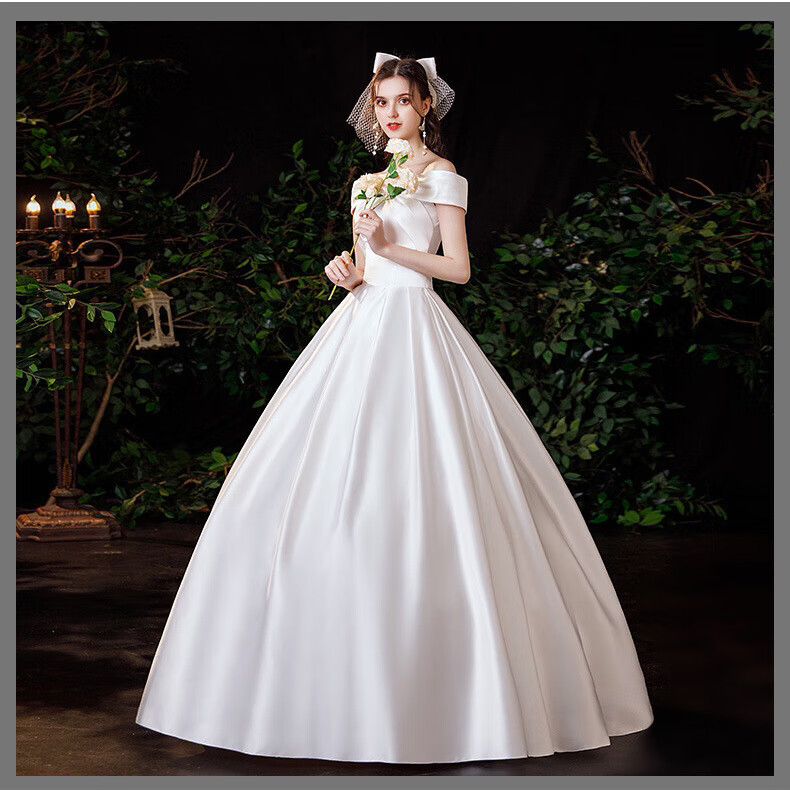 橦舟渡苏州虎丘婚纱一字肩新款缎面三笠婚纱 s