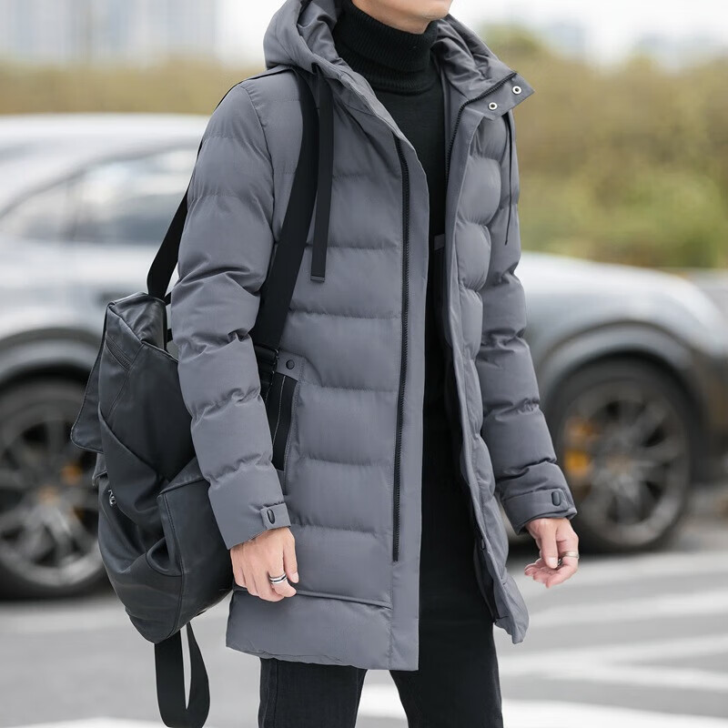 卡柏奇冬季中长款加厚连帽防寒棉服男士外套韩版冬装上衣服 灰色 5XL