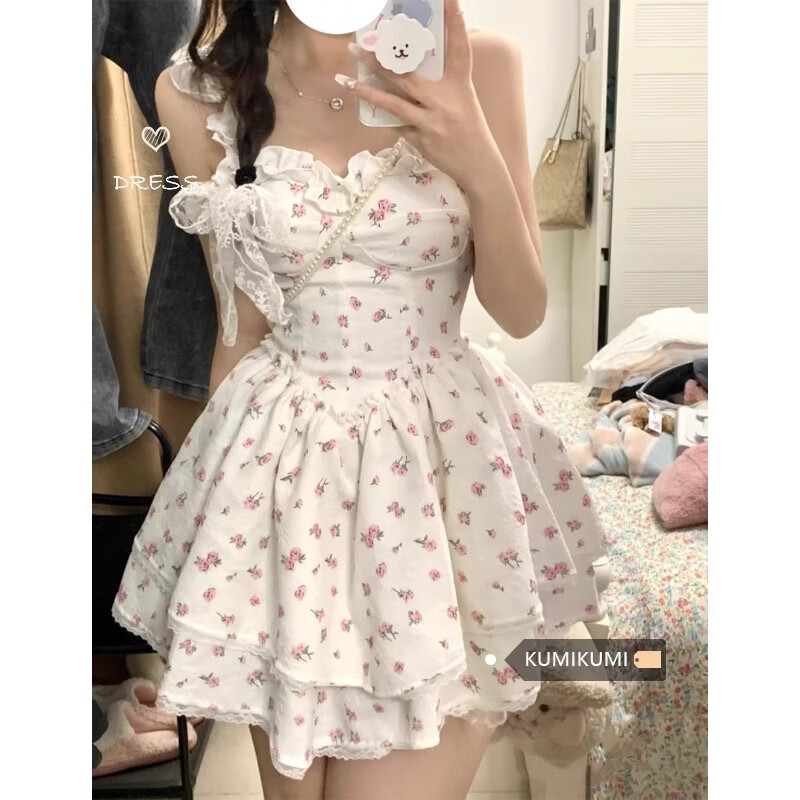 维多利亚么萌法式气质小个子吊带裙连衣裙女夏季蓬蓬裙碎花裙小众设计