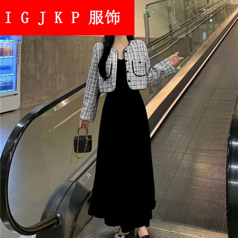 igjkp连衣裙穿的丝绒吊带女秋季新款大码女装外套 套装黑色外套 黑色